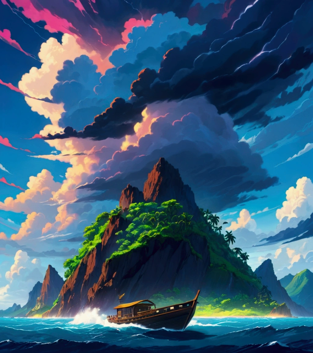 (masterpiece, best quality, vivid colors:1.2) a mysterious island that can be seen in the distance from a boat