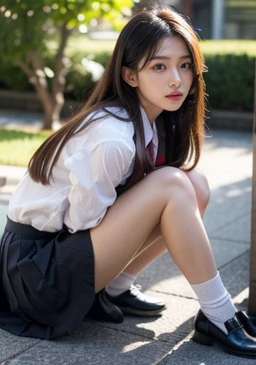 (8K high resolution), (Highest quality), (RAW quality),(Tabletop:1.2), (Realistic), (Realistic:1.37), ,Big eyes,Long eyelashes,(Live-action realistic style),The ultimate face,Realistic Light and Shadow,Distinct facial features,,Fair skin, ),Best Portrait,Close-range shooting, 1 girl, cute,Beautiful attention to detail,Highly detailed skin,(Beautiful face with double eyelids), (realism: 1.4),((Full body image)) ,Fine and beautiful face,,Women around 20 years old,(Beautiful Face 1.4),Middle Way Hair,((Japanese schoolgirls in uniform)),(Make eye contact with your audience),Red lipstick,Dragging around the eyes,(Laugh a little),In a park rich in nature,Sit upright on one knee.,Her skirt is rolled up.、Panties in full view..,Pastel colored panties,I love showing my underwear to the audience,Show the audience your panties,(Japan Uniform),A beautiful face reflected in the light,Red lipstick,Dragging around the eyes,Her beautiful legs are her charming point.,A very bright world