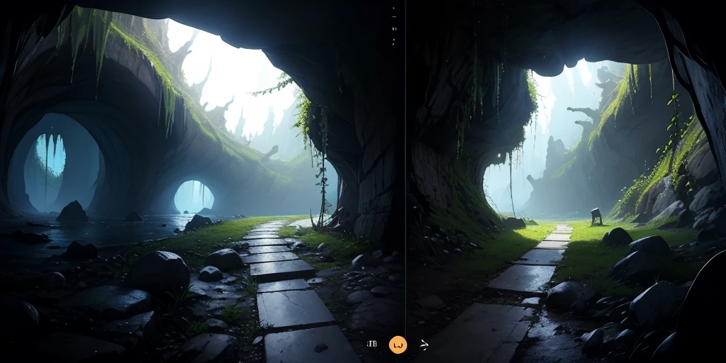 Equirectangular 360-degree panorama view photo with left and right ends seamlessly connected. first person, ((darkness)), fantasy, dungeon, cave