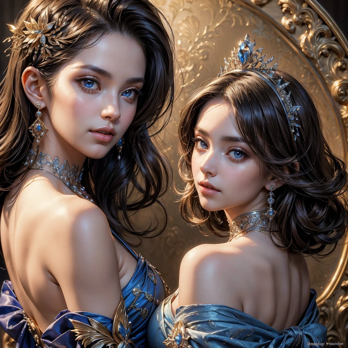 NSFW, (masterpiece, best quality:1.5), ultra detailed, high resolution, 16k, the most beautiful face in the world, perfect face, delicate facial features, highly detailed beautiful face and eyes, shiny skin, highly detailed background, elaborately designed clothes, fine cloth texture, BREAK, the incarnation of beauty, goddess of beauty, incredibly beautiful close-up macro photos of gorgeous and stunning face, highest princess in gorgeous and luxurious jewelry, perfect make-up, deeply in love, best smile, kiss, full of elegance, blue dress, (three view drawing, front and back and side, character sheet:1.3)
