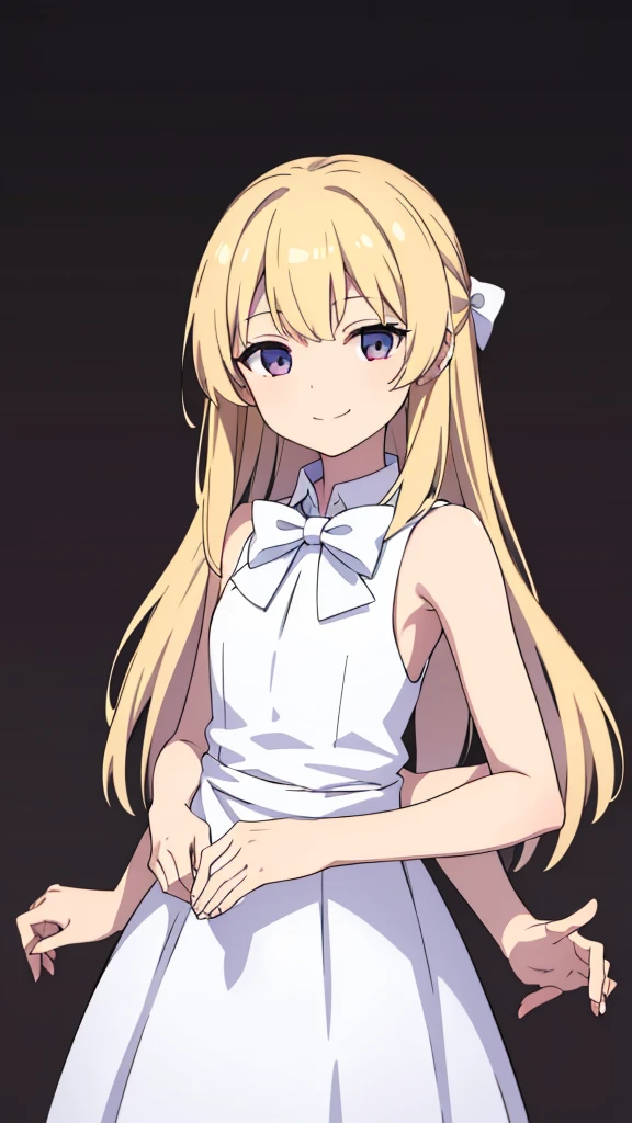 (1girl,),blonde hair,long hair,white dress, sleeveless, bow tie, bare shoulders,smile,looking at view,extra arms,(simple background)
