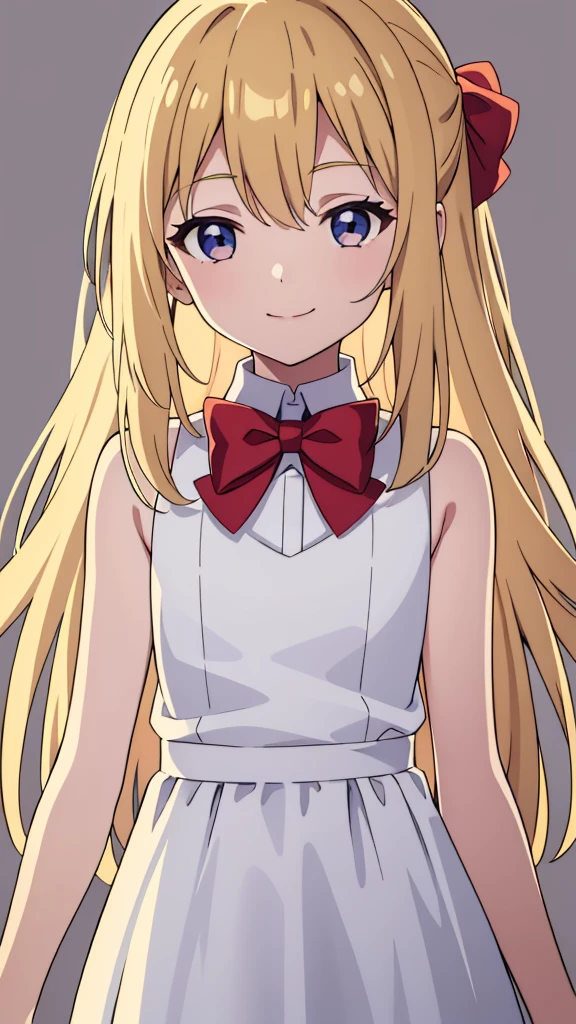 (1girl,s old),blonde hair,long hair,white dress, sleeveless, bow tie, bare shoulders,smile,looking at view,extra arms,(simple background)