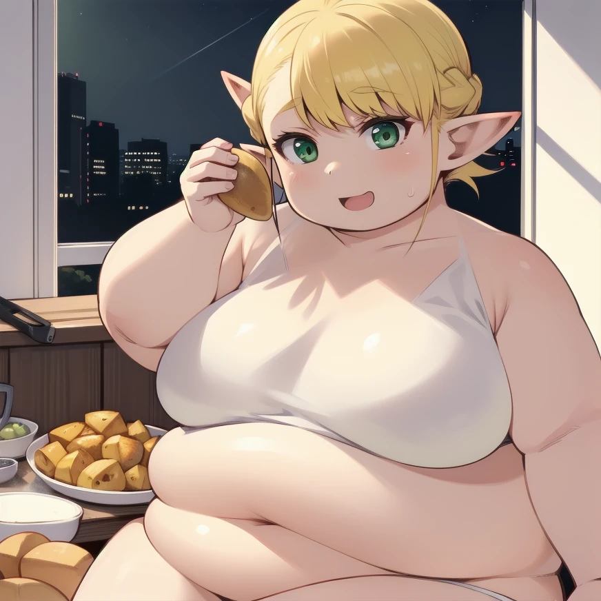 ((Masterpiece)), high quality, 4K, 1 solo girl, chubby erufuda, short hair, pointy ears, chubby elf, thick thighs, fat arms, fat neck, big cheeks, chubby face, blonde hair, (green eyes:1.5), braid, perfect body, smile, open mouth, eating french potato, very cute, night, in bedroom