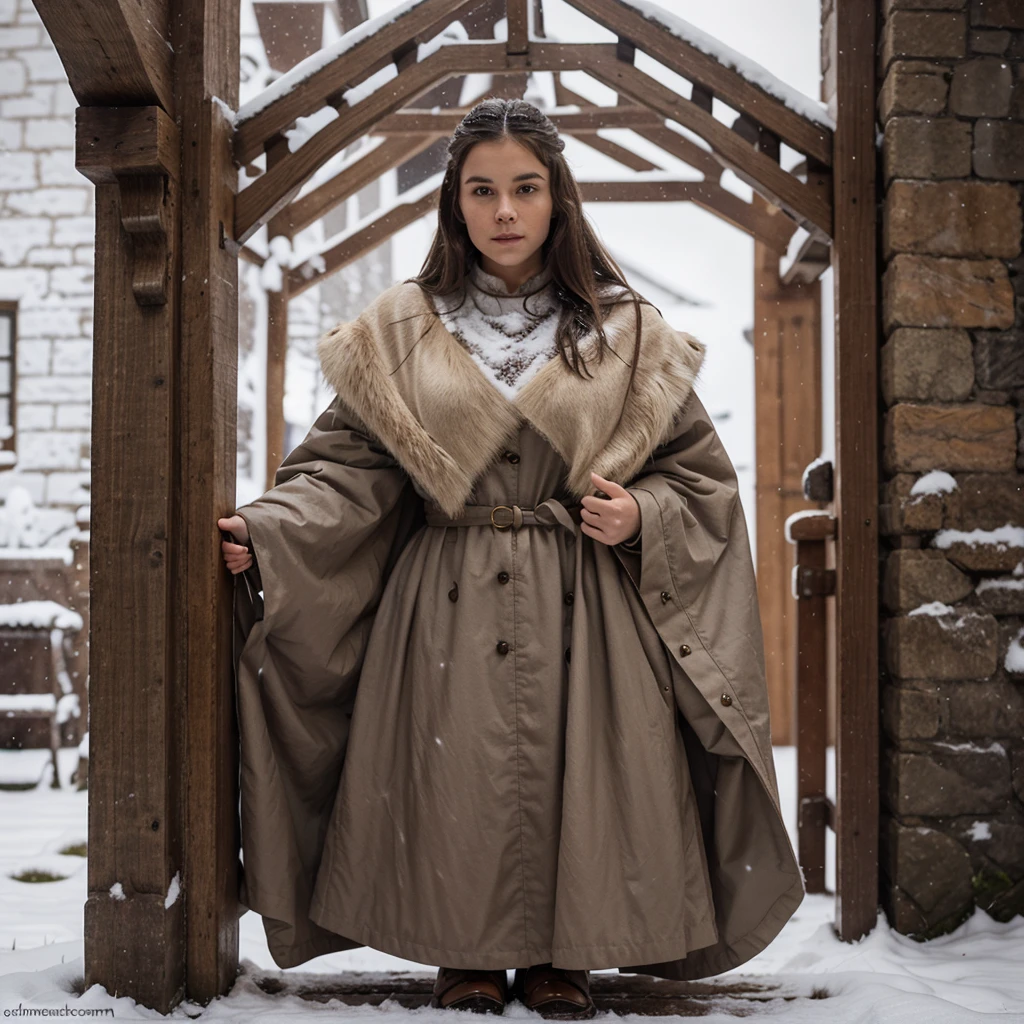 generated a full body of a 25 years old white woman with dark brown hair, posing in the Castle of Winterfell from the TV show "Game of Thrones." The setting should include the distinctive architectural elements of Winterfell, such as its stone walls, ancient wooden doors, and snowy surroundings, she wear an outfit includes a long, dark, elegant gown with intricate detailing and fur accents