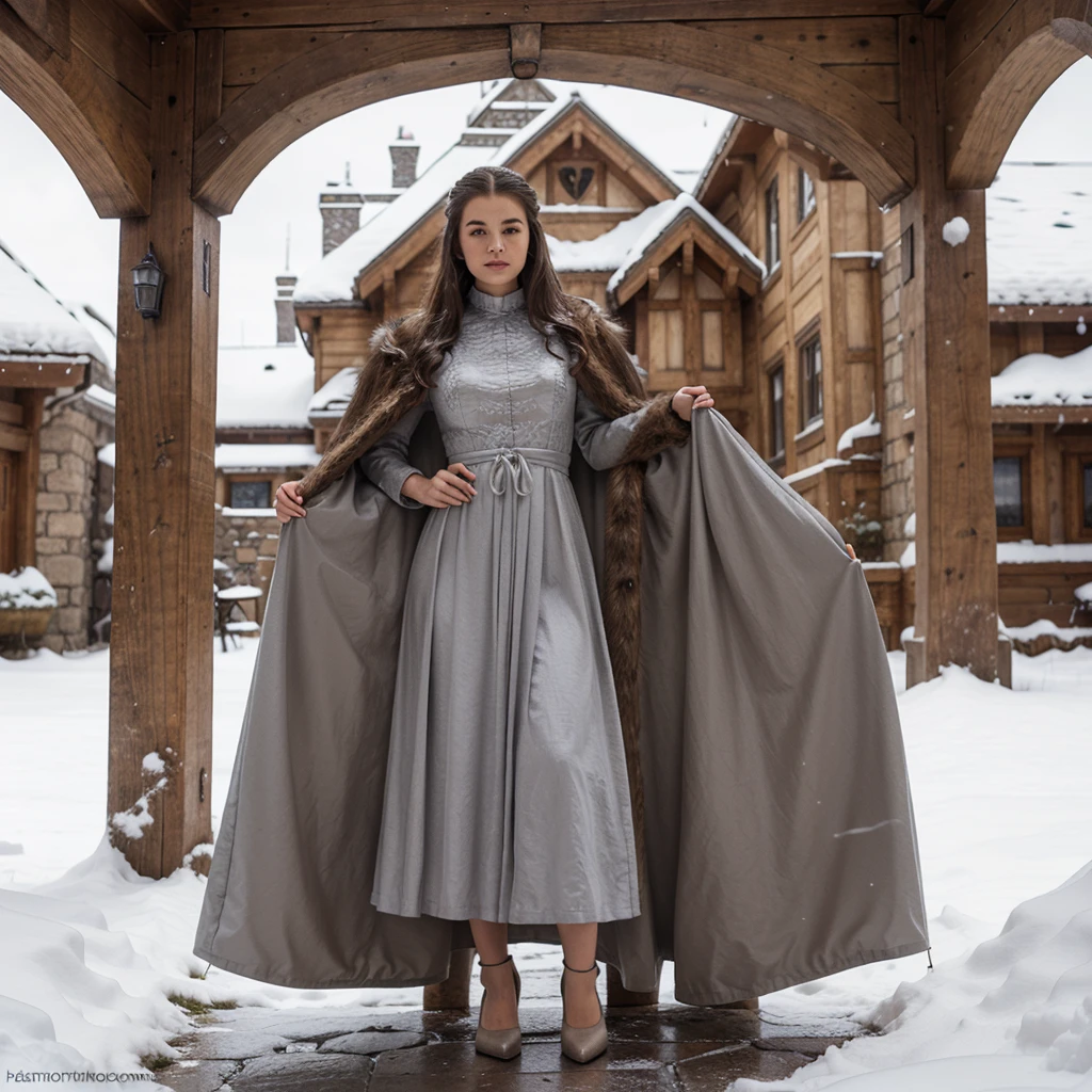 generated a full body of a 25 years old white woman with dark brown hair, posing in the Castle of Winterfell from the TV show "Game of Thrones." The setting should include the distinctive architectural elements of Winterfell, such as its stone walls, ancient wooden doors, and snowy surroundings, she wear an outfit includes a long, dark, elegant gown with intricate detailing and fur accents