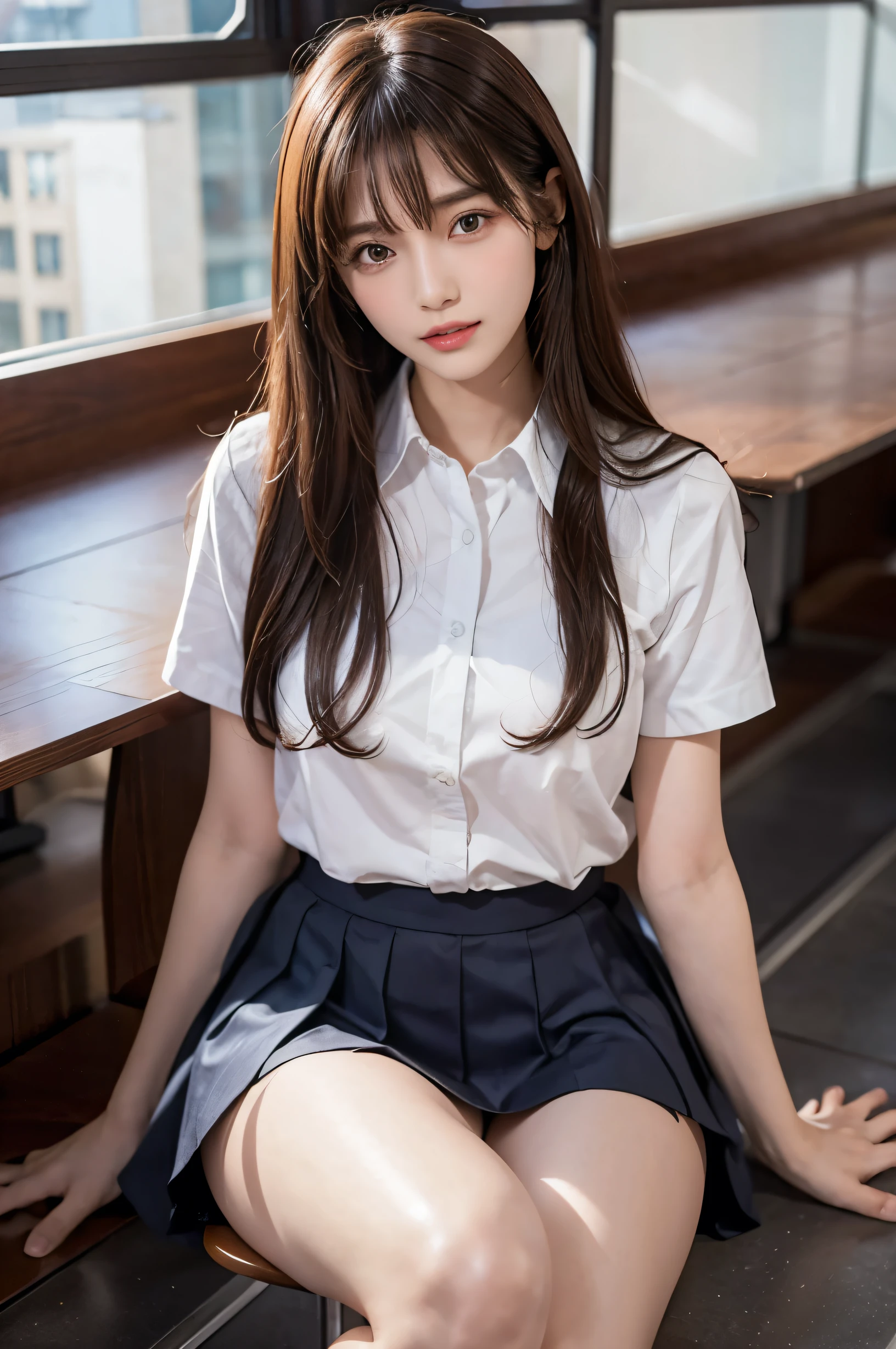 (ultra HD), (School uniform with short sleeves, White collared shirt, Black Skirt), Big Breasts, Cleavage, Slender, whole body, (Clean and shiny skin, Whitening, No makeup), (超Slenderな顔立ち, Super beautiful face, Delicate face), (long hair, Layered Cut, Fluffy hair,light brown), (Patchy double eyelids, Slanted Eyes), Small Nose, Thin lips, Thin legs, lecture hall