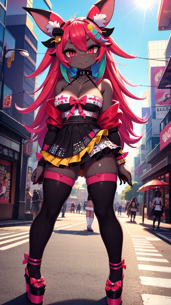 Professional Photography, 8k, highly detailed, intense lighting, daytime photography, sun light,
BREAK,
slave choker, succubus girl, (bat ears), (succubus horns), (black skin:1.6), red eyes, smug eyes, (red glowing hair), straight red hair, big boobs:1.2, blush, thick eyeliner, ((red eyebrows)),
BREAK,
((((Layers of bright colorful accessories)))), sticker-covered platform heels, ((mismatched thigh-highs)), (oversized bows), (((((statement decora fashion))))), (((plethora of kawaii accessories))), the character starring in a Harajuku-themed fashion editorial for a renowned magazine, BREAK, the photoshoot takes place against (iconic Harajuku backdrops), capturing the essence of the district's diverse fashion culture,