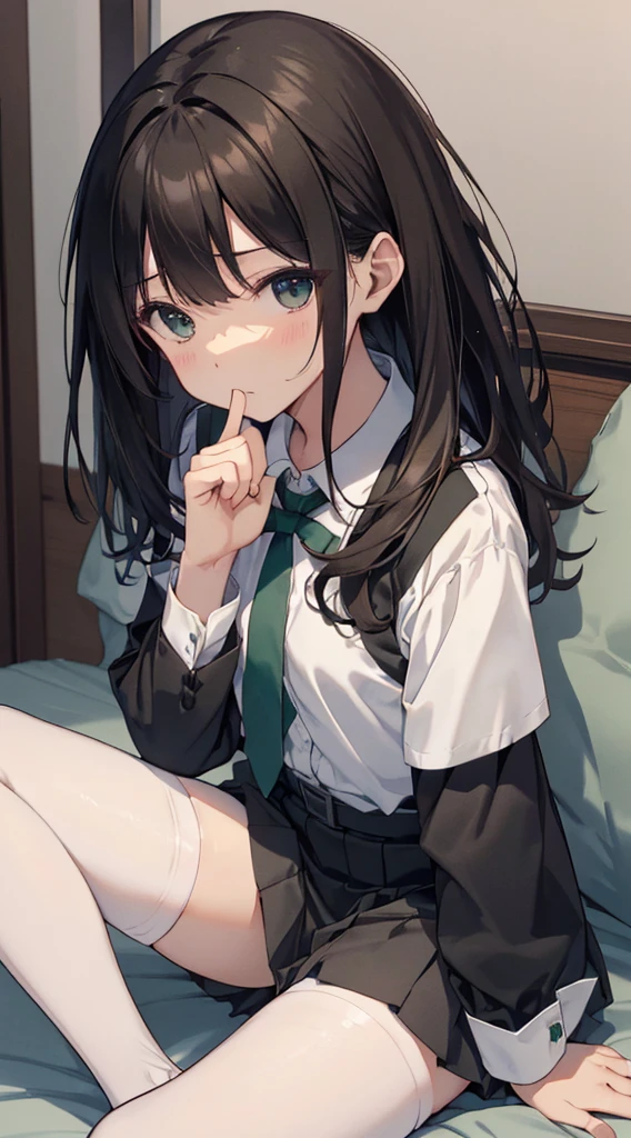 rinshibuya, rin shibuya, black hair, (green eyes:1.5), long hair,
BREAK black skirt, black socks, collared shirt, green necktie, kneehighs, long sleeves, miniskirt, necktie, pleated skirt, school uniform, shirt, skirt, socks, white shirt, wing collar,
BREAK indoors, classroom,
BREAK looking at viewer,
BREAK (masterpiece:1.2), best quality, high resolution, unity 8k wallpaper, (illustration:0.8), (beautiful detailed eyes:1.6), extremely detailed face, perfect lighting, extremely detailed CG, (perfect hands, perfect anatomy),(white panties:1.5), perineum, lying. on stomach,(from side). (from below:1.3), perineum focus. ass up, small breasts, (spread legs:1.5), (short, tiny, little:1.5), blush, embarrassed, elow, cowboy shot, dutch angle