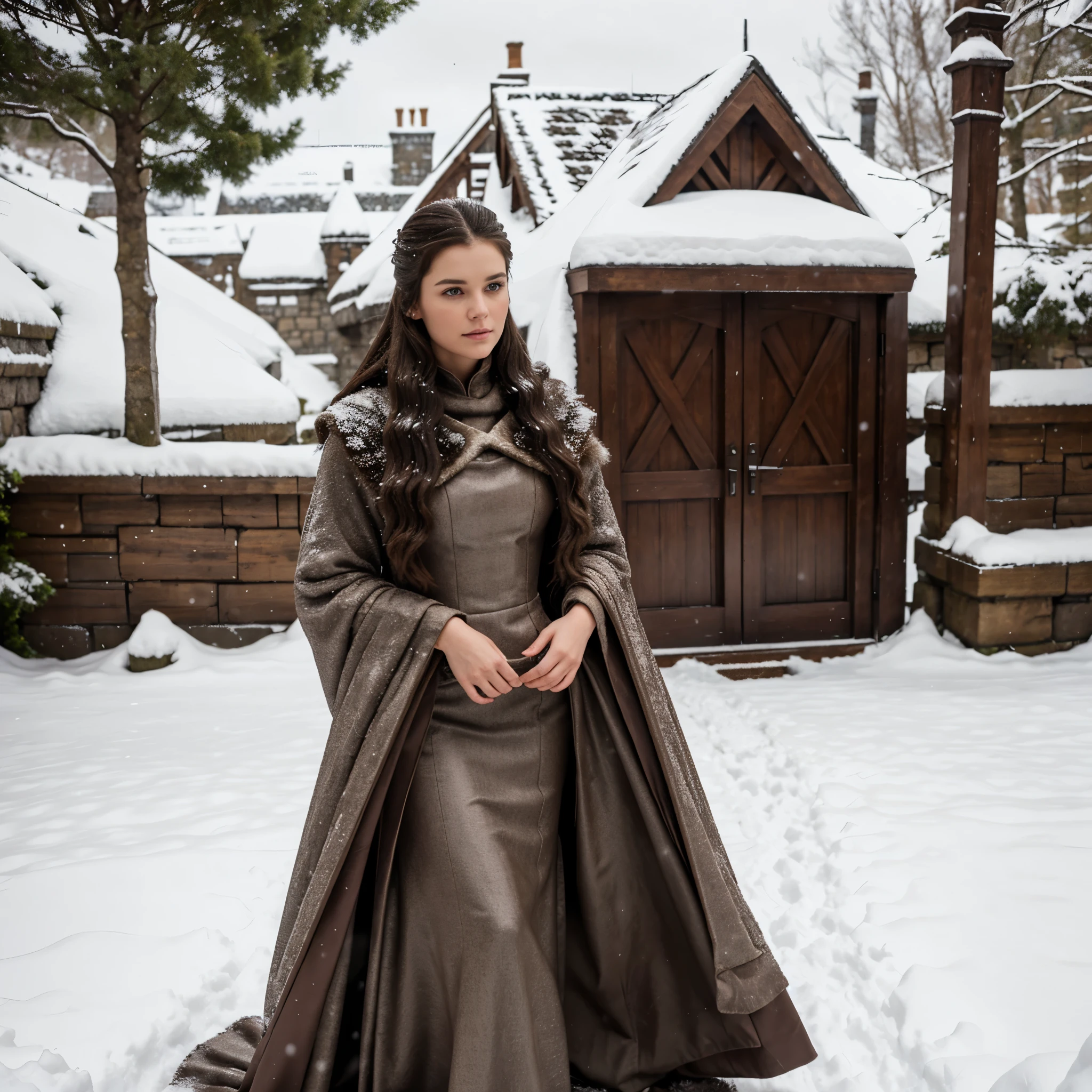 generated a full body of a 25 years old young white woman with dark brown hair, posing in the Castle of Winterfell from the TV show "Game of Thrones." The setting should include the distinctive architectural elements of Winterfell, such as its stone walls, ancient wooden doors, and snowy surroundings. she wear the Lady's suit from Season 7 of the show. This outfit includes a long, dark, elegant gown with intricate detailing and fur accents. The model's pose should be regal and confident, capturing the essence of a noble lady in the North