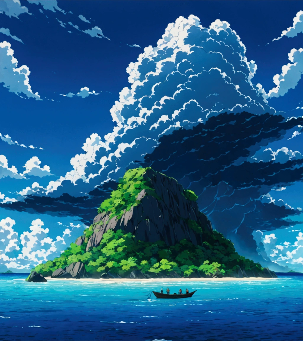 (masterpiece, best quality, vivid colors:1.2) a mysterious island that can be seen in the distance from a boat