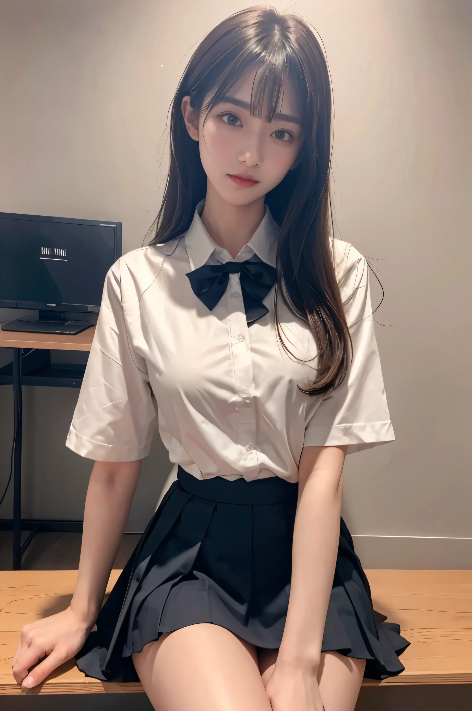 (ultra HD), (School uniform with short sleeves, White collared shirt, Black Skirt), Big Breasts, (The cleavage is visible), Slender, whole body, (Clean and shiny skin, Whitening, No makeup), (超Slenderな顔立ち, Super beautiful face, Delicate face), (long hair, Layered Cut, Fluffy hair,light brown), (Patchy double eyelids, Slanted Eyes), Small Nose, Thin lips, Thin legs, lecture hall