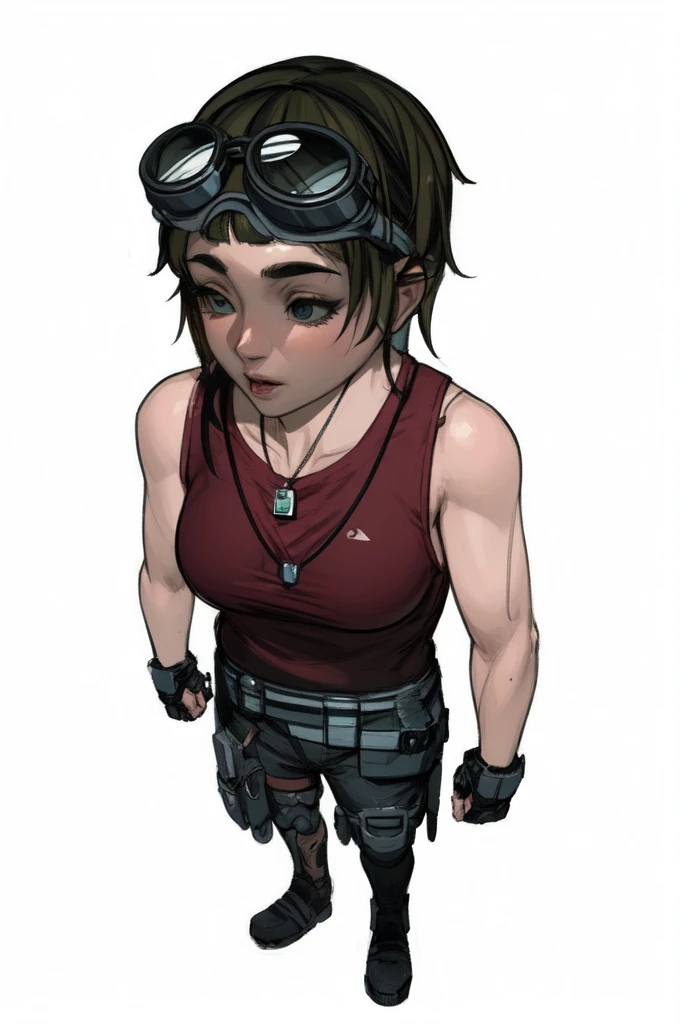 a cartoon of a girl with goggles and a red shirt, dogtag, female lead character, shadowrun character art, a character based on a haggis, video game character, detailed character art, rpg character, videogame character, video game character design, full body character, full body character portrait, female protagonist, game character, highly detailed character design