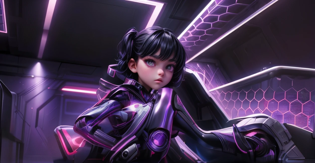 appearence a 13 years old teenage girl,violet eyes,calm,quiet,cute,pretty,full body,looking ahead,short hair combed back,red outfit,black short,tied hair,spider verse suit,serious look,cyberpunk background 