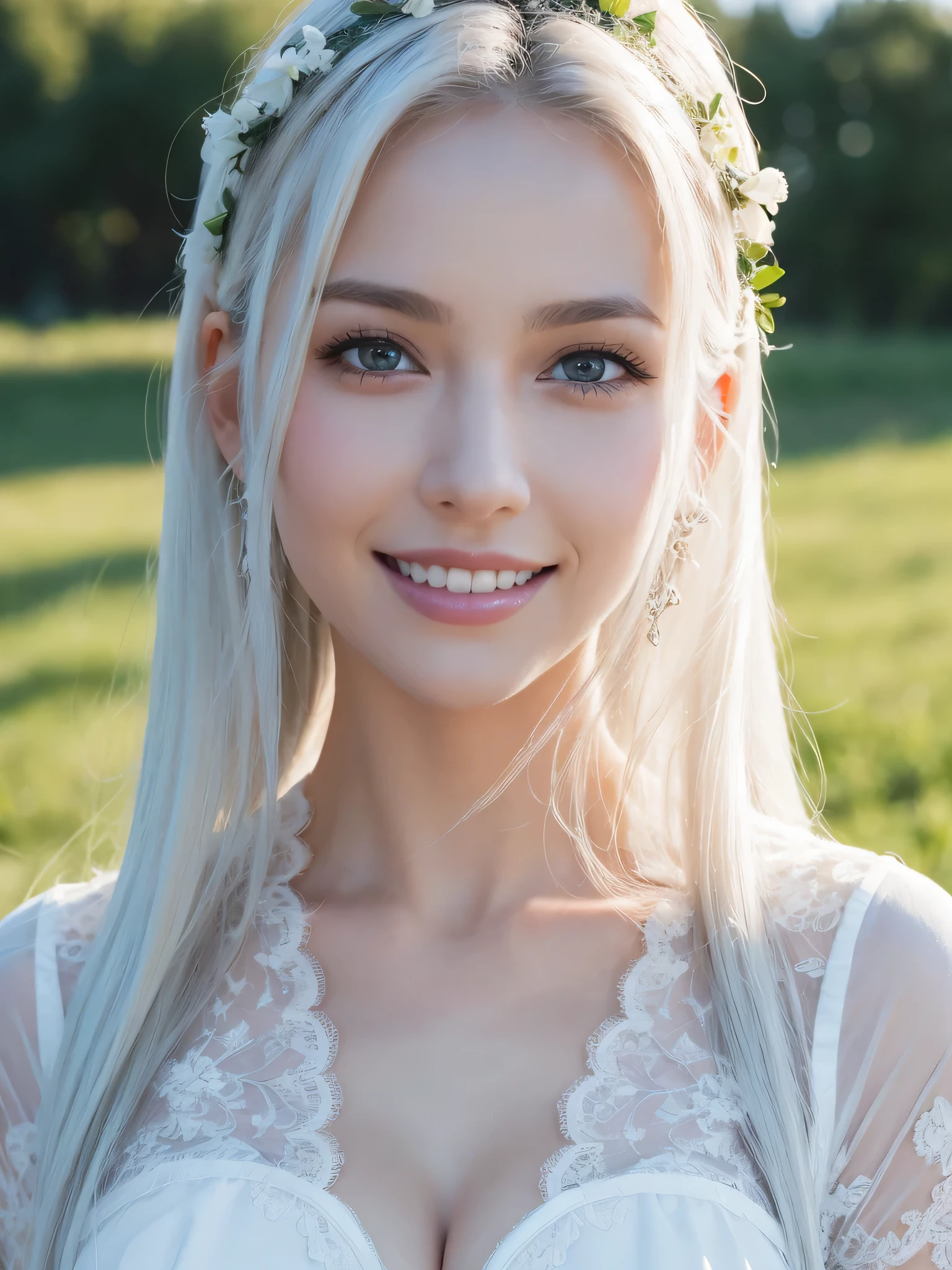 1Women, unique faces, (beautiful women, white hair), (smile:1.2), (beautiful lace costumes), (Best Quality:1.4), Realistic, extremely detailed CG unified 8k wallpaper, highly detailed, High-definition raw color photos, professional photography, Realistic portrait, Close up portrait of Women, Outdoors, Beautiful scenery, grassland, nature, vastness, elegance, Beautiful detailed, upper body photos, (Fine face:1.2),