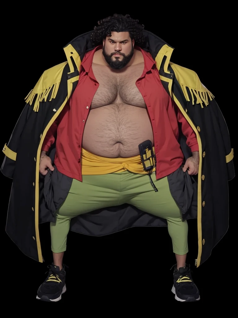 A big fat man, with red shirt, with green pants, with black jacket yellow details, man with beard and black curly hair