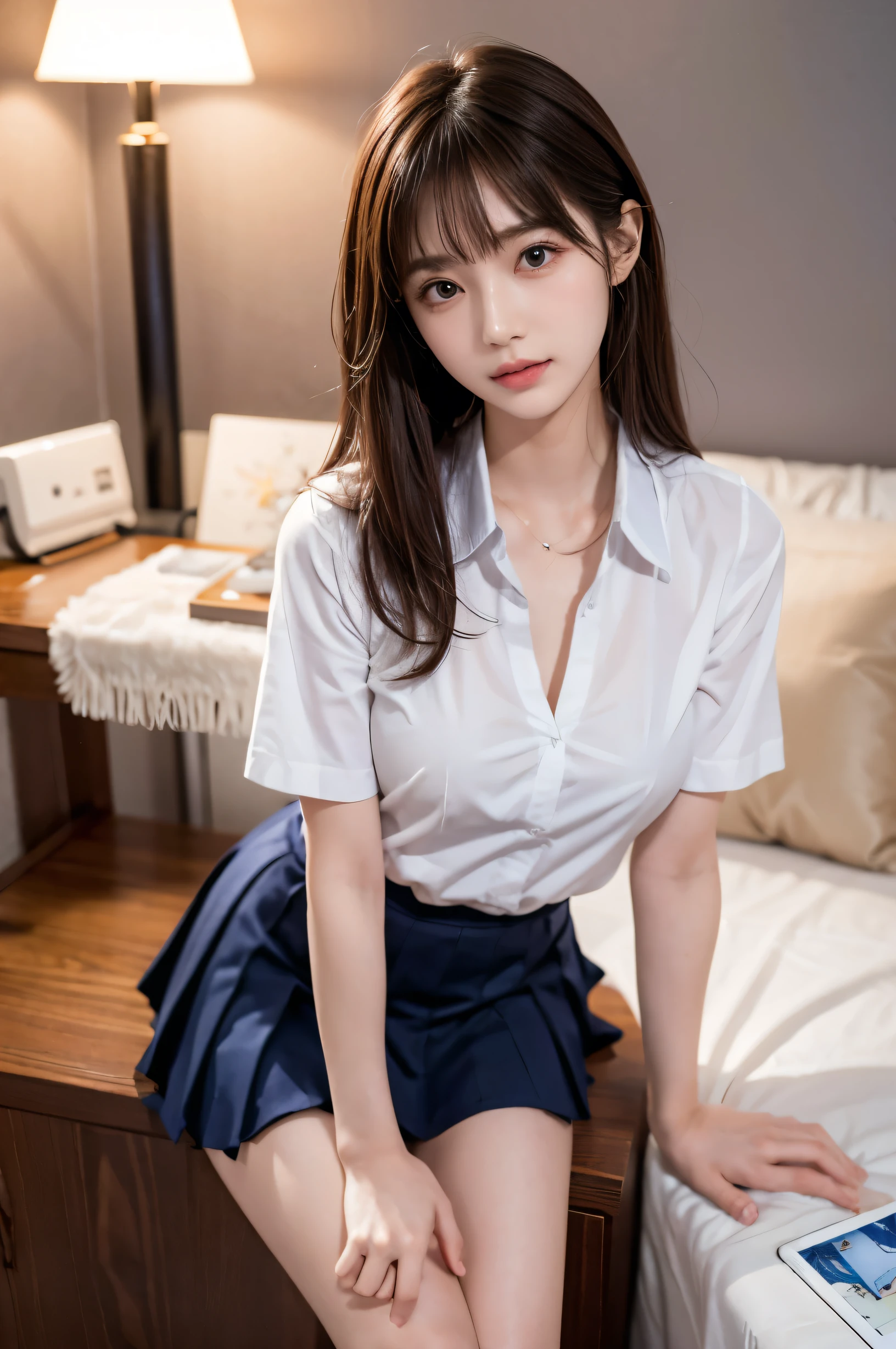 (ultra HD), (School uniform with short sleeves, White collared shirt, Navy Blue Skirt), Big Breasts, (The cleavage is visible), Slender, whole body, (Clean and shiny skin, Whitening, No makeup), (超Slenderな顔立ち, Super beautiful face, Delicate face), (long hair, Layered Cut, Fluffy hair,light brown), (Patchy double eyelids, Slanted Eyes), Small Nose, Thin lips, Thin legs, project