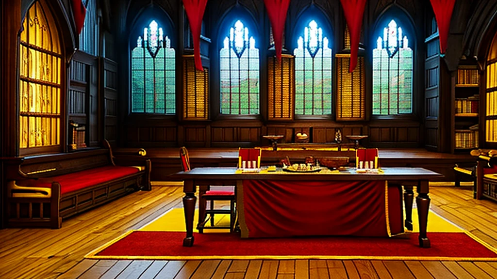 Donjon, Harry Potter, Gryffindor, lounging, Arched windows, red And yellow silk hanging on the wall,  red carpet, The table, a chair, Bookshelf on the floor,glass