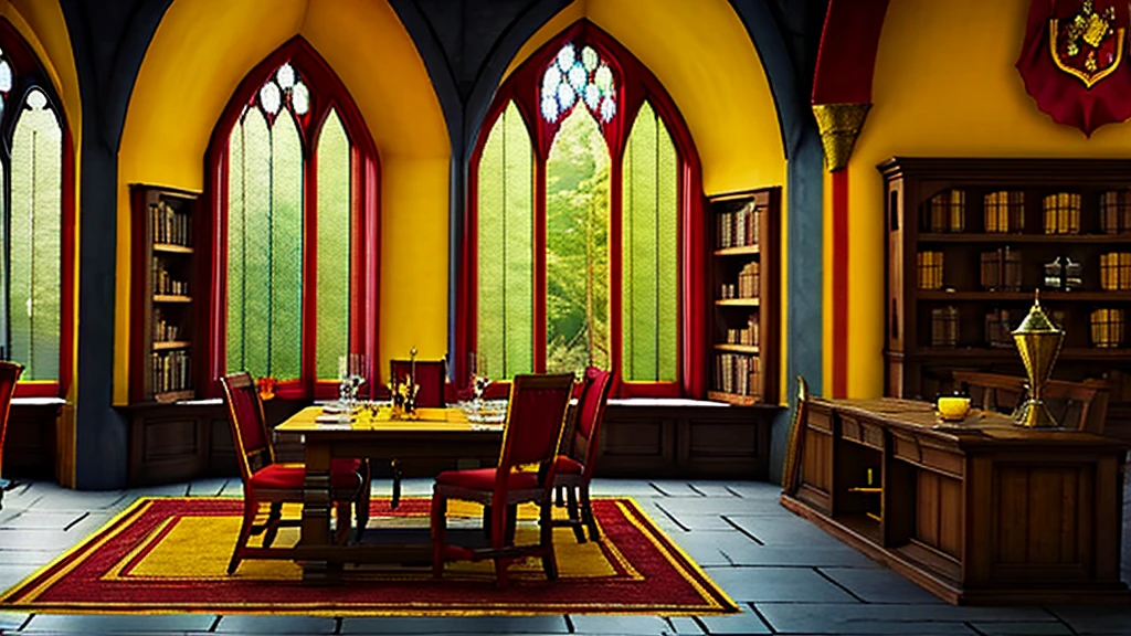 Donjon, Harry Potter, Gryffindor, lounging, Arched windows, red And yellow silk hanging on the wall,  red carpet, The table, a chair, Bookshelf on the floor,glass