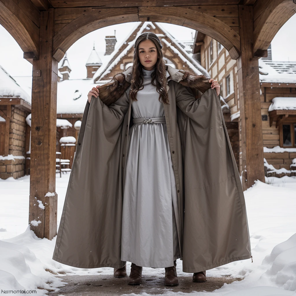 generated a full body of a 25 years old white woman with dark brown hair, posing in the Castle of Winterfell from the TV show "Game of Thrones." The setting should include the distinctive architectural elements of Winterfell, such as its stone walls, ancient wooden doors, and snowy surroundings, she wear an outfit includes a long, dark, elegant gown with intricate detailing and fur accents