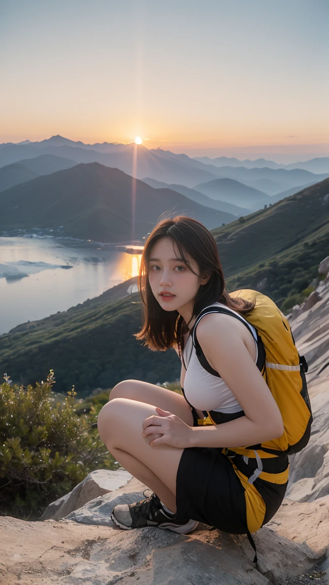 no, Ray tracing, Radio City, Anisotropic filtration, 16,000, best quality, 1 woman, alone, mature,  beautiful mountain climber, Hiking clothing, Gradient long hair, climbing equipment、laugh、sunset、big breasts 、valley mountain peak