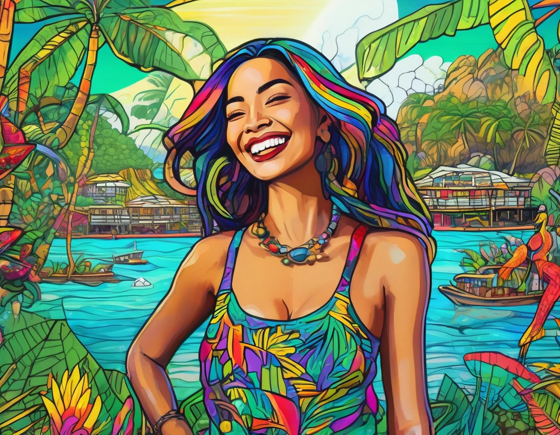 (Mysterious Island:2.0)、Tropical sandy beaches、Lush mangrove forest、A lot of beautiful women、smile、laughter、, Detailed marker outline, cute, Art Brut Style, Dynamic pose, whimsical expression, Bright and vibrant colors, Dynamic Lighting, Digital Painting, masterpiece, (Highest quality,4K,8k,High resolution,masterpiece:1.2),Very detailed,(Realistic,photoRealistic,photo-Realistic:1.37)