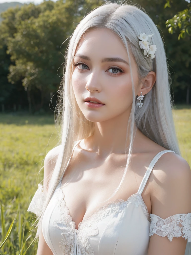 1Women, unique faces, (beautiful women, white hair), (beautiful lace costumes), (Best Quality:1.4), Realistic, extremely detailed CG unified 8k wallpaper, highly detailed, High-definition raw color photos, professional photography, Realistic portrait, Close up portrait of Women, Outdoors, Beautiful scenery, grassland, nature, vastness, elegance, Beautiful detailed, upper body photos, (Fine face:1.2),