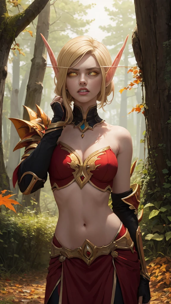 (Masterpiece, highly detailed, highly quality,  highly resolutions), SplitScreen, split screen, BREAK bldelf, angry, clenched teeth, glowing eyes, yellow eyes, Blonde hair, colored sclera, mature female, red short shirt, navel, red shoulder pad, gold trim, yellow leaves, jewelry, looking at viewer, forest, day, bare shoulders, Fall season