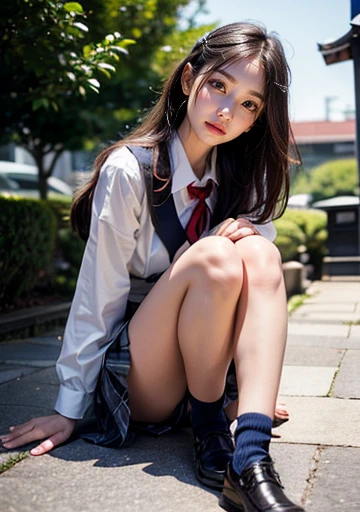 (8K high resolution), (Highest quality), (RAW quality),(Tabletop:1.2), (Realistic), (Realistic:1.37), ,Big eyes,Long eyelashes,(Live-action realistic style),The ultimate face,Realistic Light and Shadow,Distinct facial features,,Fair skin, ),Best Portrait,Close-range shooting, 1 girl, cute,Beautiful attention to detail,Highly detailed skin,(Beautiful face with double eyelids), (realism: 1.4),((Full body image)) ,Fine and beautiful face,,Women around 20 years old,(Beautiful Face 1.4),Middle Way Hair,((Japanese schoolgirls in uniform)),(Make eye contact with your audience),Red lipstick,Dragging around the eyes,(Laugh a little),In a park rich in nature,Sit upright on one knee.,Her skirt is rolled up.、Panties in full view..,Pastel colored panties,I love showing my underwear to the audience,Show the audience your panties,(Japan Uniform),A beautiful face reflected in the light,Red lipstick,Dragging around the eyes,Her beautiful legs are her charming point.,A very bright world