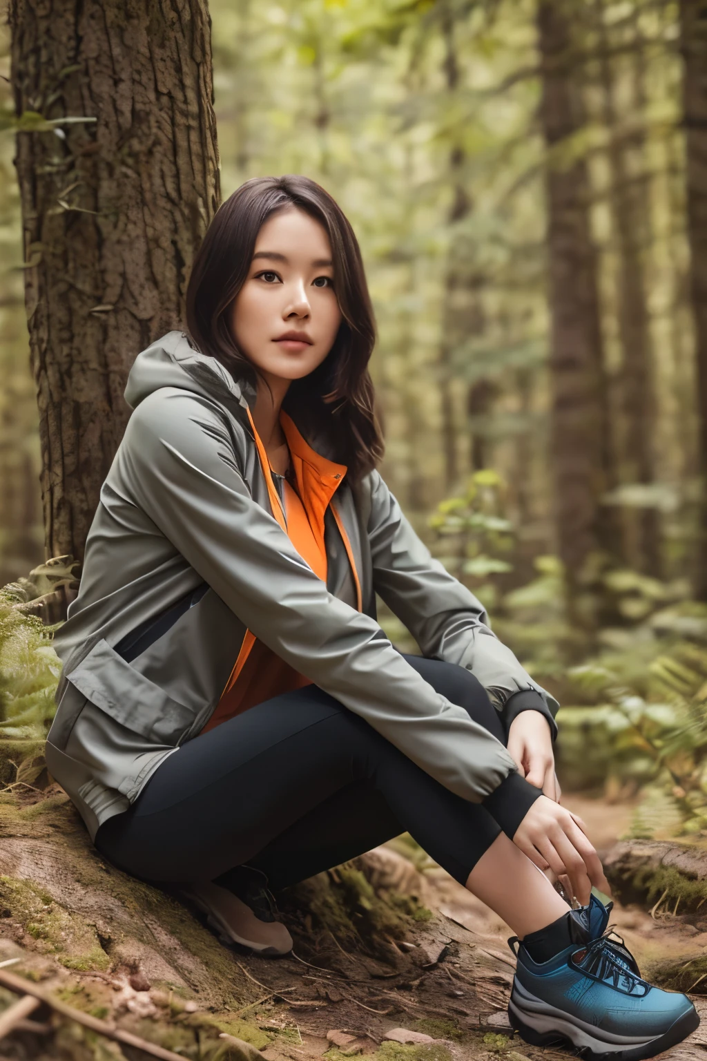 Women's lightweight hiking jacket, functional, sleek, Catalog photoshoot of minimalist outdoor Footwear and apparel brand, sleek, tech, urban versatility, forest, modern, sustainable, clean, simple, graphic logo, orange and gray, 4k