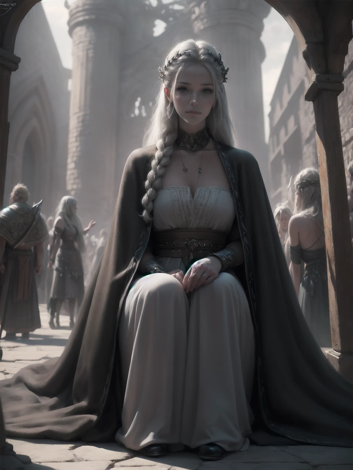 {-erro_de_anatomia:1.0} woman 30 years old, north,viking clothes, (nordic dress), dark castle, a woman (lagherta), very long blond hair (blond hair), (gray eyes) . Indifferent look , merciless. among the gods, dinamic poses, egoist smile, upper body, sitting on the ground