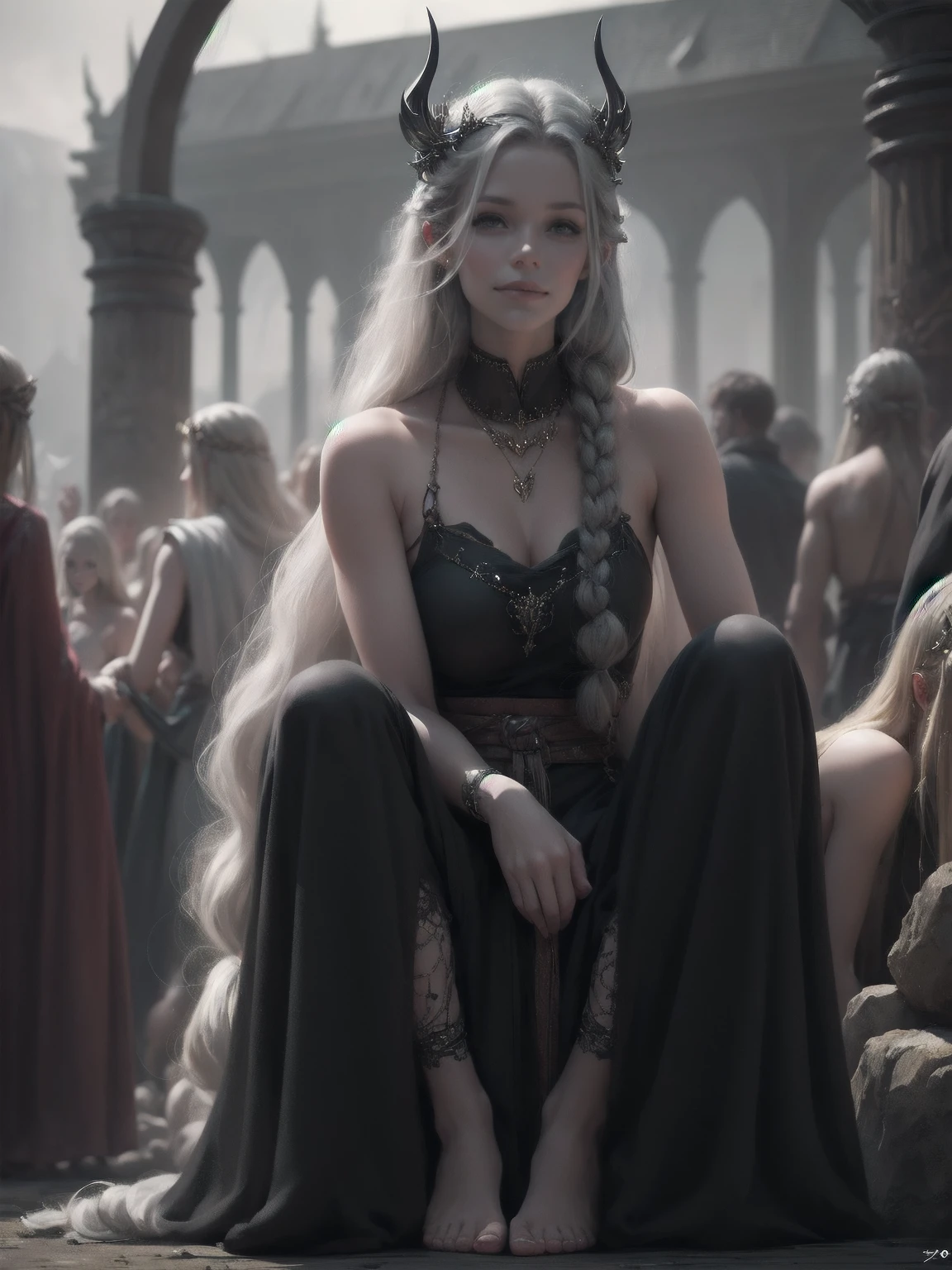 {-erro_de_anatomia:1.0} woman 30 years old, north,viking clothes, (nordic dress), dark castle, a woman (lagherta), very long blond hair (blond hair), (gray eyes) . Indifferent look , merciless. among the gods, dinamic poses, egoist smile, upper body, sitting on the ground