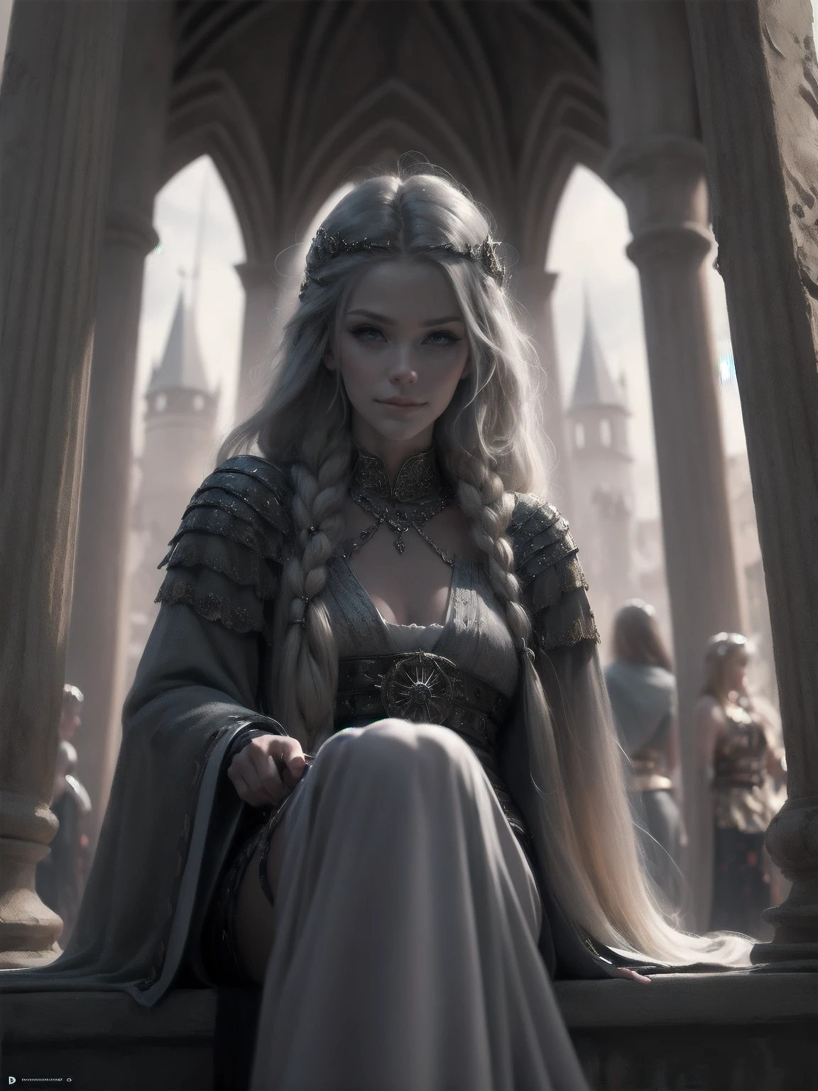 {-erro_de_anatomia:1.0} woman 30 years old, north,viking clothes, (nordic dress), dark castle, a woman (lagherta), very long blond hair (blond hair), (gray eyes) . Indifferent look , merciless. among the gods, dinamic poses, egoist smile, upper body, sitting on the ground