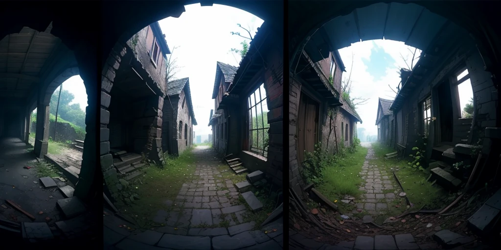 Equirectangular 360-degree panorama view photo with left and right ends seamlessly connected. first person, ((darkness)), fantasy, in a ruined village