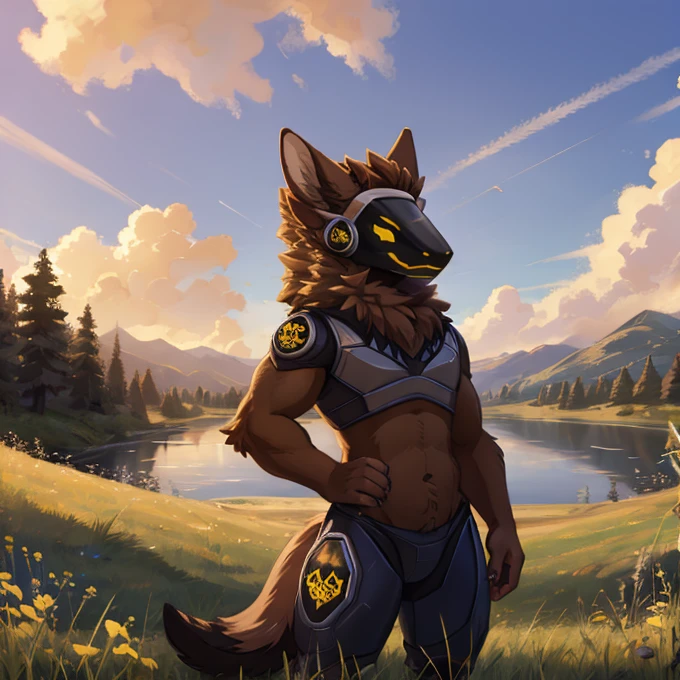 (very detailed illustration: 1.2), best quality, masterpiece, solo, natural lighting, protogen, (protogen face: 1.1), (protogen visor: 1.1), brown tail, torso, yellow eyes, dark brown fur, brown fur all over the body, dark brown hair, brown fur, full body ,he is standing, he is in a grass field, in front of it there is a beautiful landscape with a long river and lake with a lot of vegetation and it is a beautiful day, landscape