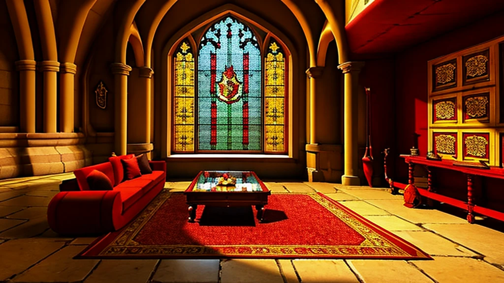 Donjon, Harry Potter, Gryffindor, lounging, Arched windows, red And yellow silk hanging on the wall,  red carpet, The table, a chair, Bookshelf on the floor,glass