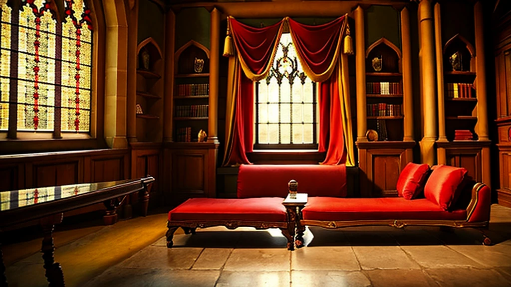 Donjon, Harry Potter, Gryffindor, lounging, Arched windows, red And yellow silk hanging on the wall,  red carpet, The table, a chair, Bookshelf on the floor,glass