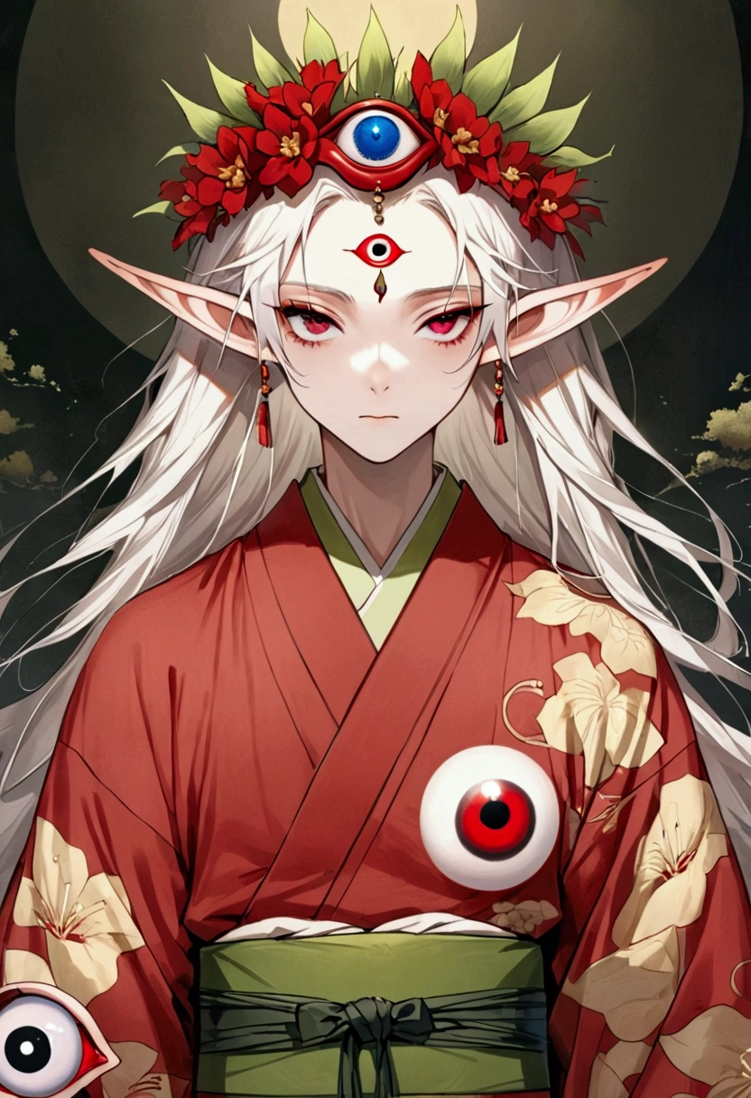 (((1Boy wearing an eyeball crown，独奏，third eye on the forehead，Elf ears))),(((Gorgeous Japanese red kimono robe：1.6，Eye Diagram，Dark Pattern))).(((Thin waist，Greenbelt：1.37)))whole body，Death Stare Background。