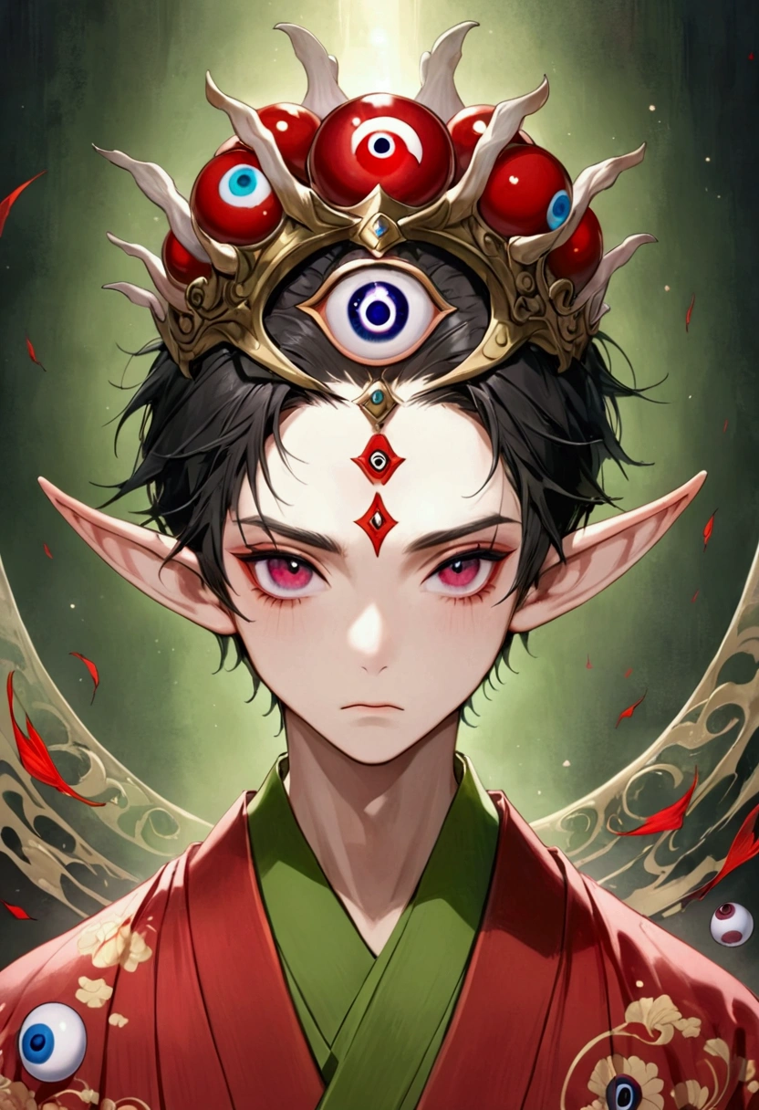 (((1Boy wearing an eyeball crown，独奏，third eye on the forehead，Elf ears))),(((Gorgeous Japanese red kimono robe：1.6，Eye Diagram，Dark Pattern))).(((Thin waist，Greenbelt：1.37)))whole body，Death Stare Background。