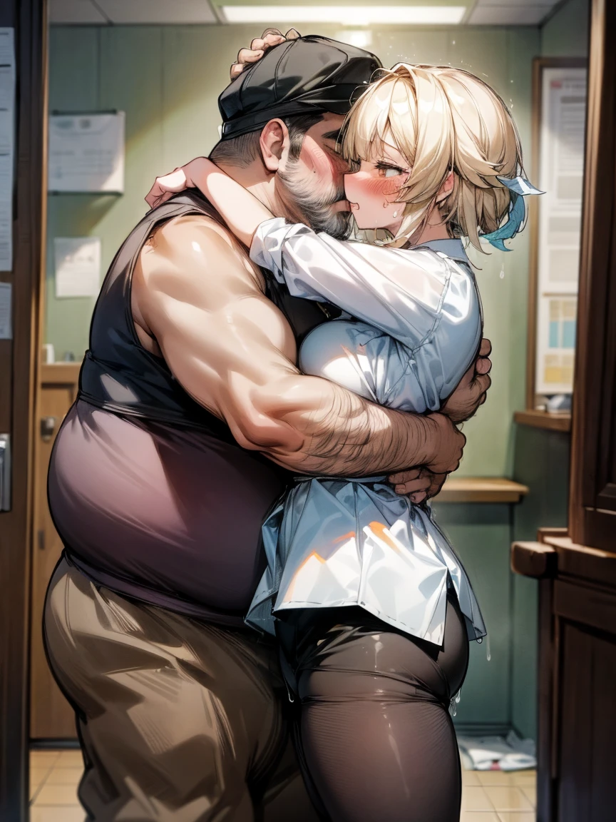 (One very small girl, A fat middle-aged man:1.2), 破れたpantyhose, pantyhose, White shirt, Pencil Skirt, blush, French kiss, hug, Big Breasts, office, Very detailed, High resolution, 4K, masterpiece, High resolution、(tears:1.4)、