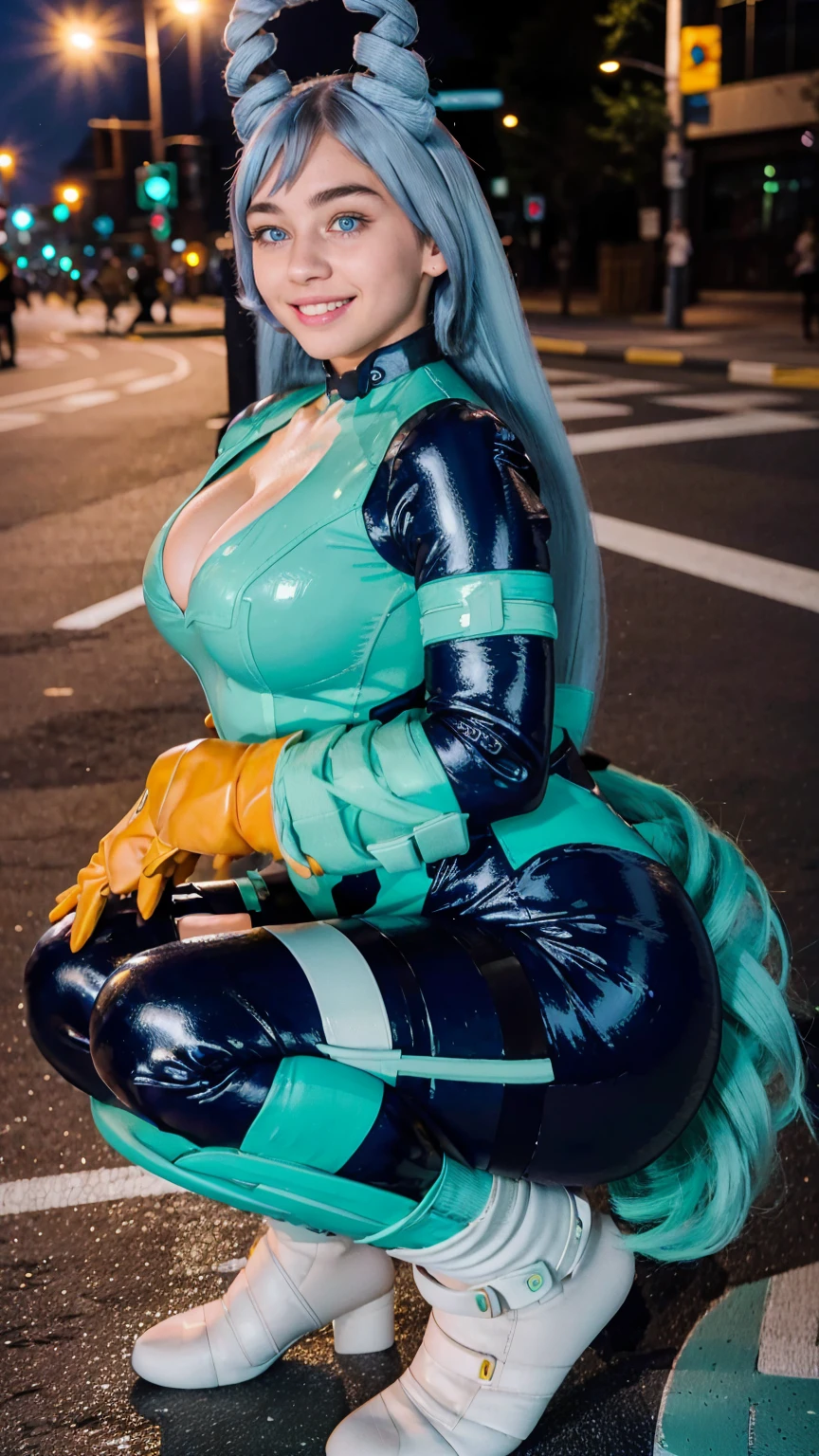 Masterpiece, Best quality, (photorealistic1.4), (UHD), (big breast), (flashphoto), (flash photography), (cleavage), (European model), (young woman), (JenniferConnelly90), (Tokyo Street), (epiCRealLife:1.0), (night time), (Nejire latex bodysuit), 1girl, solo, long hair, blue eyes, (blue hair), (hair bangs), (drill hair, twin drills), (Nejire Hairstyle), hair horns, very long hair , light blue hair, (Nejire Yellow gloves), (look at viewers), (Nejire light smile), (squat poses)