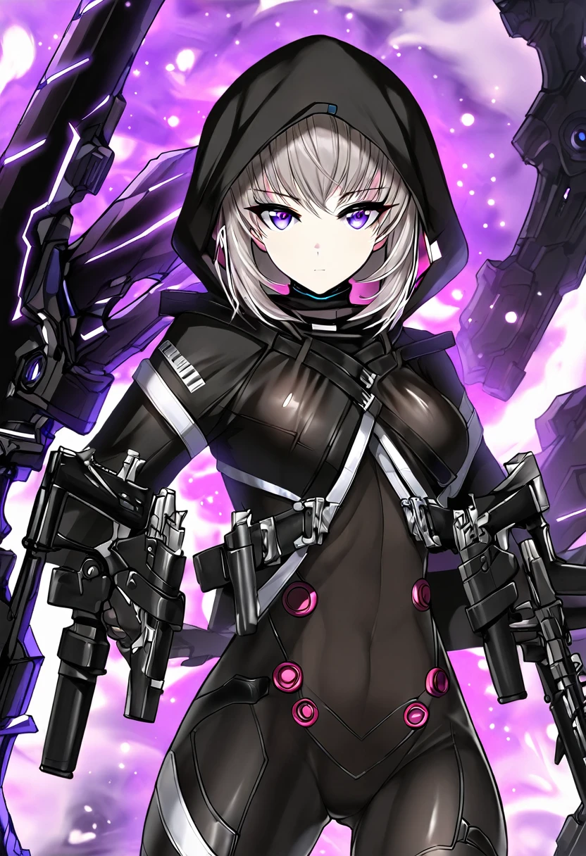 hood, jacket, body suit, black clothes, black wear, tights, weapon, cowboy shot, blue and purple eyes, perfect eyes, beautiful face,