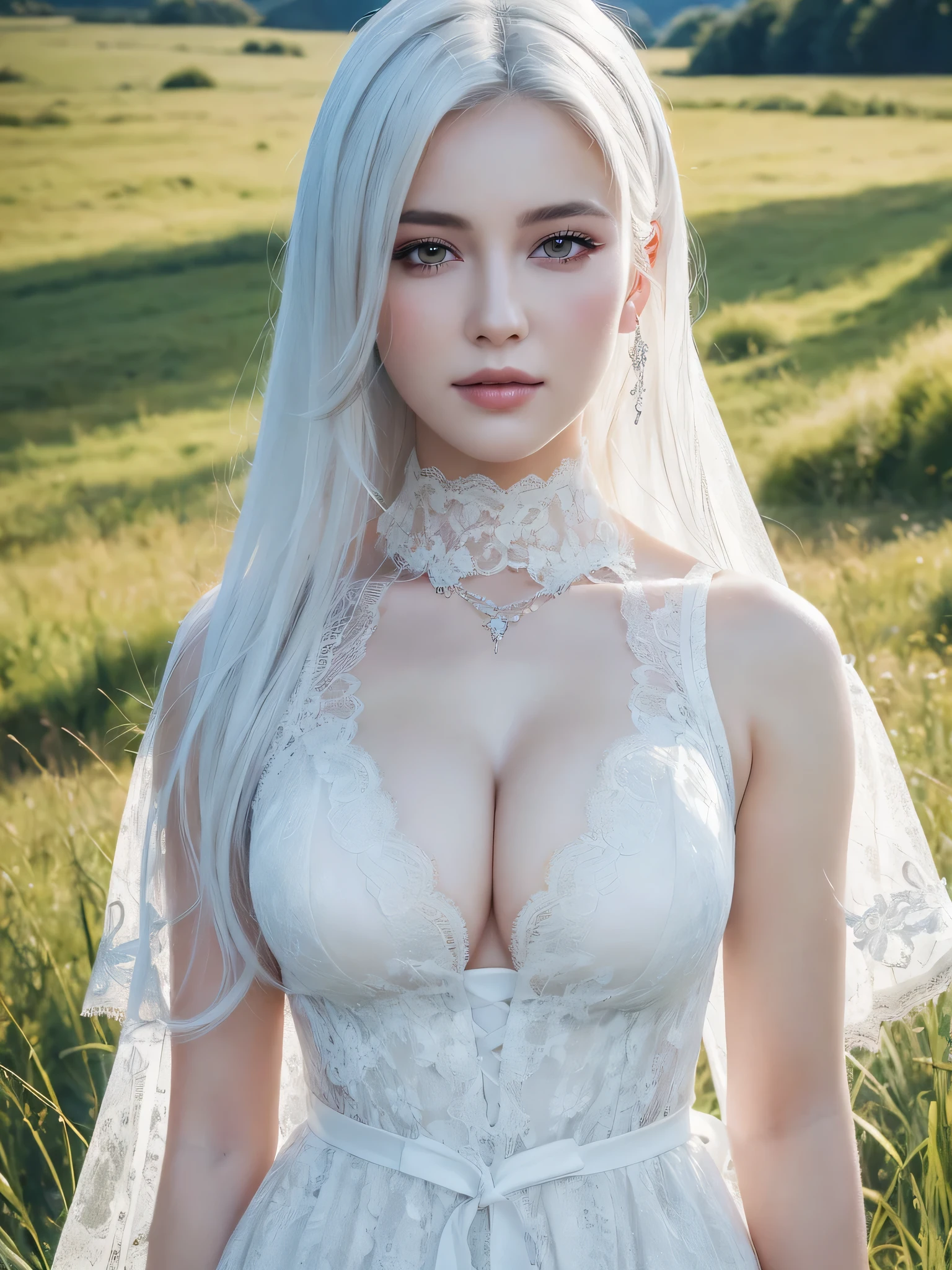 1Women, (beautiful women, white hair), (beautiful lace costumes), (Best Quality:1.4), Realistic, extremely detailed CG unified 8k wallpaper, highly detailed, High-definition raw color photos, professional photography, Realistic portrait, Close up portrait of Women, Outdoors, Beautiful scenery, grassland, nature, vastness, elegance, Beautiful detailed, upper body photos, (Fine face:1.2),