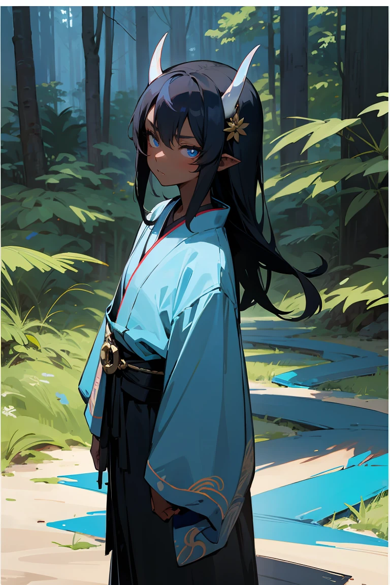 1female , Black Straight Hair , Dark Skin , Bright Blue Eyes , Blue Horns , Black Haori , Somber Expression , Young , Standing on path , Forest Background