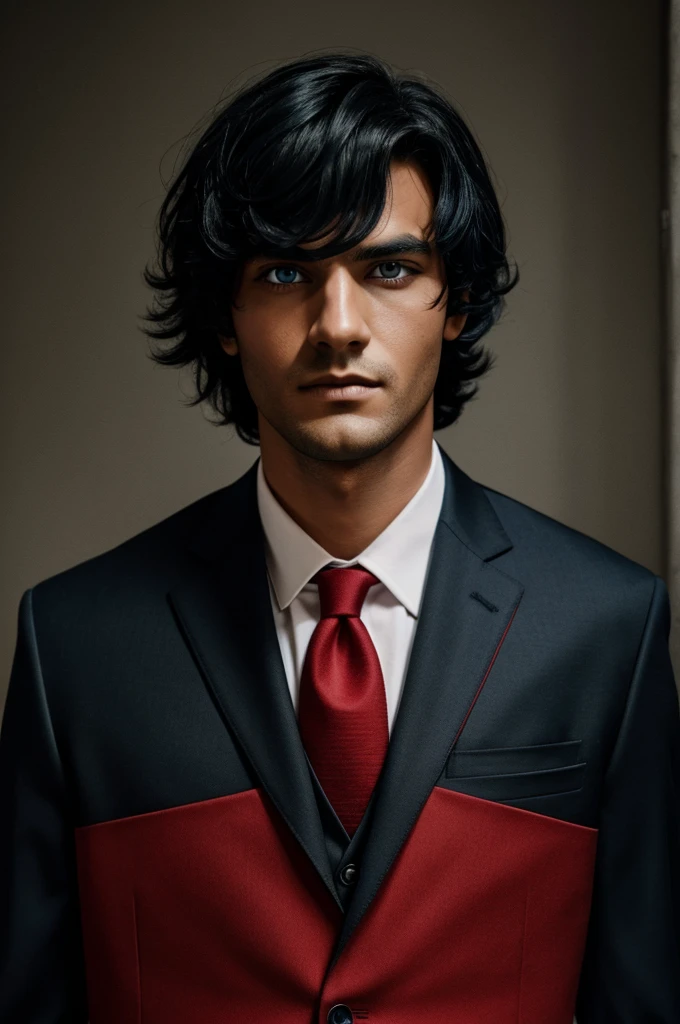 Balck hair blue eye man wearing a red and balck suit