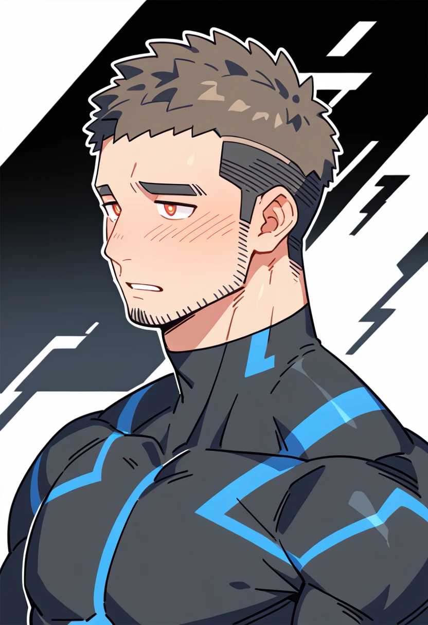 anime characters:Gyee Priapus, Muscle Sports Student, Buzz Cut, Manliness, male focus, Compression bodysuit, Yellow and black high collar long sleeve tight diving suit, Very tight, Regular symmetrical pattern, full and perky chest muscles, muscular male, muscular, only, Upper body, alone, Red short hair, Thick eyebrows, stubble, Brown-red pupils, White background, simple background, amazing quality, best aesthetics, Ridiculous, crew cut, parted lips, flustered, endured face, shy, blush, negative space, negative space, best quality