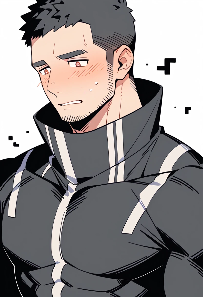 anime characters:Gyee Priapus, Muscle Sports Student, Buzz Cut, Manliness, male focus, Compression bodysuit, Yellow and black high collar long sleeve tight diving suit, Very tight, Regular symmetrical pattern, full and perky chest muscles, muscular male, muscular, only, Upper body, alone, Red short hair, Thick eyebrows, stubble, Brown-red pupils, White background, simple background, amazing quality, best aesthetics, Ridiculous, crew cut, parted lips, flustered, endured face, shy, blush, negative space, negative space, best quality