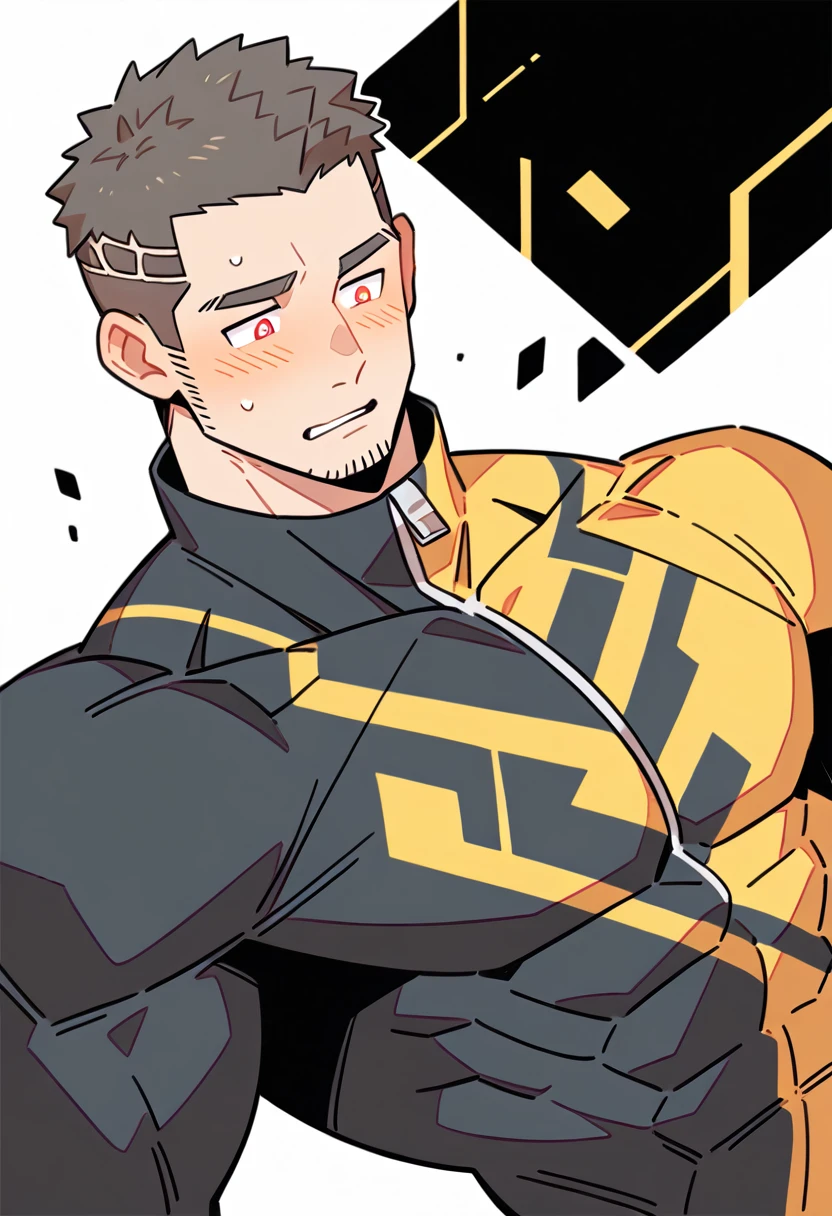 anime characters：Gyee Priapus, Muscle Sports Student, Buzz Cut, Manliness, male focus, Compression bodysuit, Yellow and black high collar long sleeve tight diving suit, Very tight, Regular symmetrical pattern, full and perky chest muscles, muscular male, muscular, only, Upper body, alone, Red short hair, Thick eyebrows, stubble, Brown-red pupils, White background, simple background, amazing quality, best aesthetics, Ridiculous, crew cut, parted lips, flustered, endured face, shy, blush, negative space, negative space, best quality