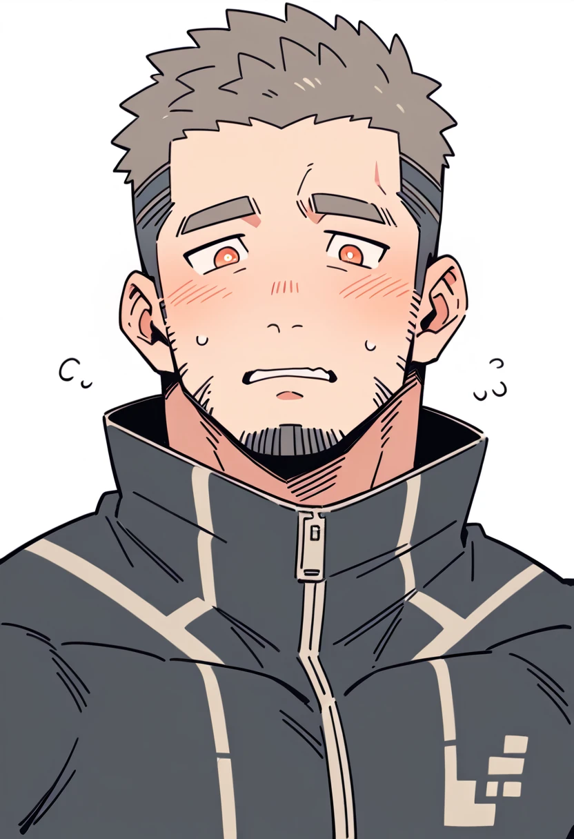 anime characters：Gyee Priapus, Muscle Sports Student, Buzz Cut, Manliness, male focus, Compression bodysuit, Yellow and black high collar long sleeve tight diving suit, Very tight, Regular symmetrical pattern, full and perky chest muscles, muscular male, muscular, only, Upper body, alone, Red short hair, Thick eyebrows, stubble, Brown-red pupils, White background, simple background, amazing quality, best aesthetics, Ridiculous, crew cut, parted lips, flustered, endured face, shy, blush, negative space, negative space, best quality