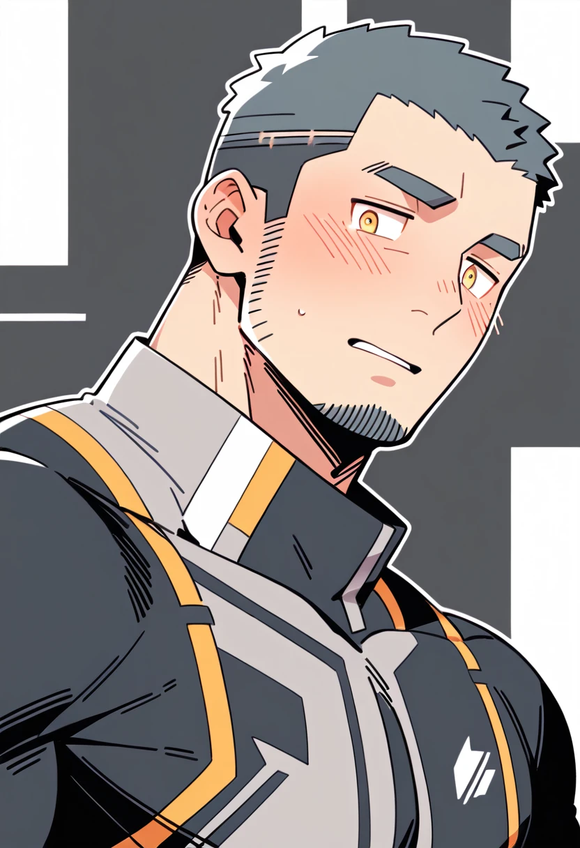 anime characters：Gyee Priapus, Muscle Sports Student, Buzz Cut, Manliness, male focus, Compression bodysuit, Yellow and black high collar long sleeve tight diving suit, Very tight, Regular symmetrical pattern, full and perky chest muscles, muscular male, muscular, only, Upper body, alone, Red short hair, Thick eyebrows, stubble, Brown-red pupils, White background, simple background, amazing quality, best aesthetics, Ridiculous, crew cut, parted lips, flustered, endured face, shy, blush, negative space, negative space, best quality