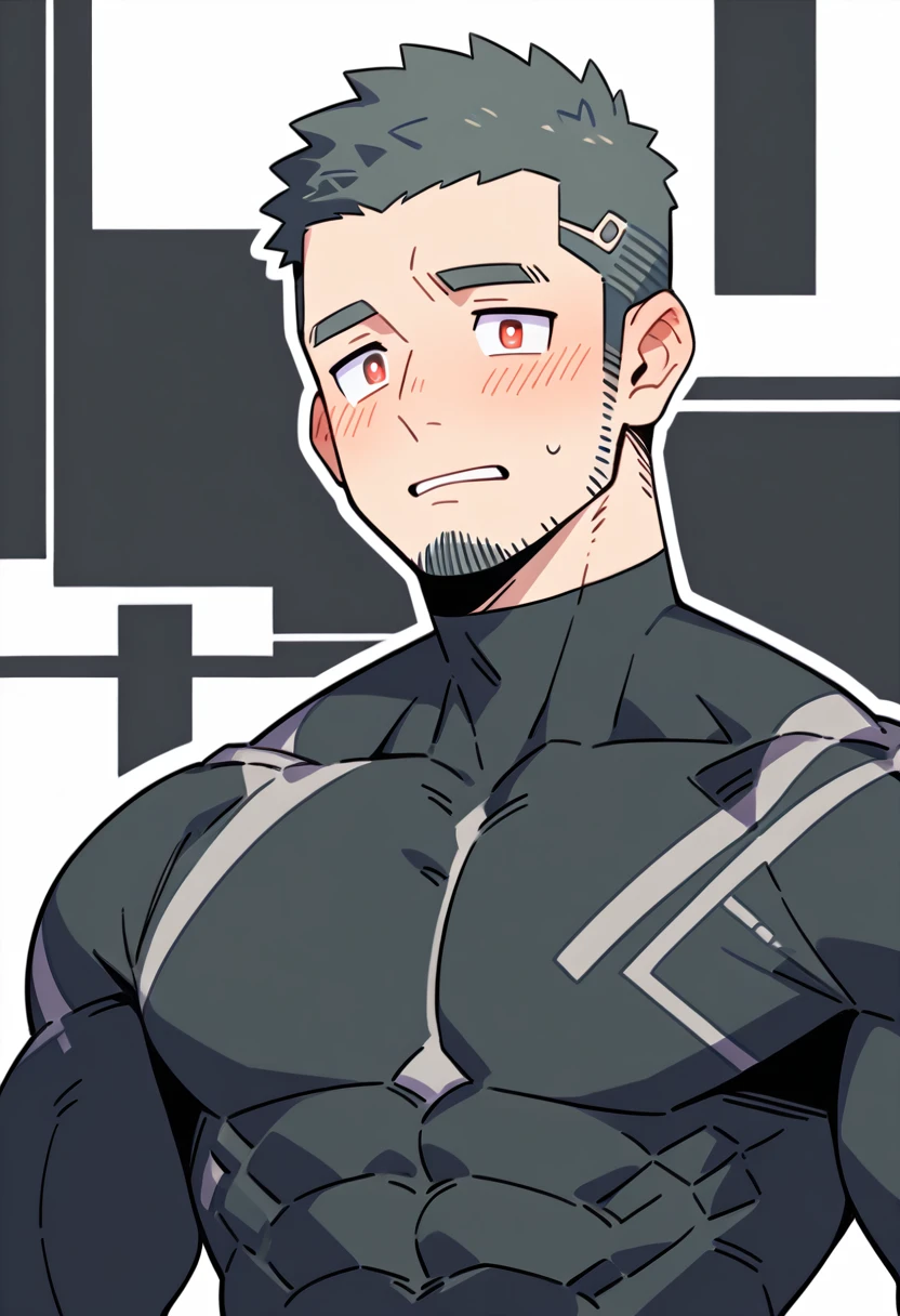 anime characters:Gyee Priapus, Muscle Sports Student, Buzz Cut, Manliness, male focus, Compression bodysuit, Yellow and black high collar long sleeve tight diving suit, Very tight, Regular symmetrical pattern, full and perky chest muscles, muscular male, muscular, only, Upper body, alone, Red short hair, Thick eyebrows, stubble, Brown-red pupils, White background, simple background, amazing quality, best aesthetics, Ridiculous, crew cut, parted lips, flustered, endured face, shy, blush, negative space, negative space, best quality